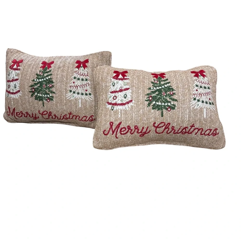 Set‎ of 2 Christmas Tree Embroidered Woven Lumbar Throw Pillows Festive Coastal